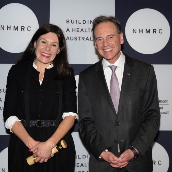 Professor Angela Morgan pictured with Health Minister Greg Hunt at the 2020 NHMRC Research Excellence Awards.