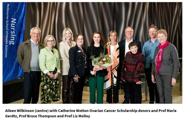 Aileen Wilkinson (centre) with Catherine Wotton Ovarian Cancer Scholarship donors and Prof Marie Gerdtz, Prof Bruce Thompson and Prof Liz Molloy 